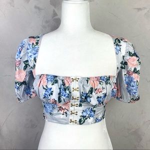 Multicolored Puff sleeve floral print crop top square neck pastel blue pink grey